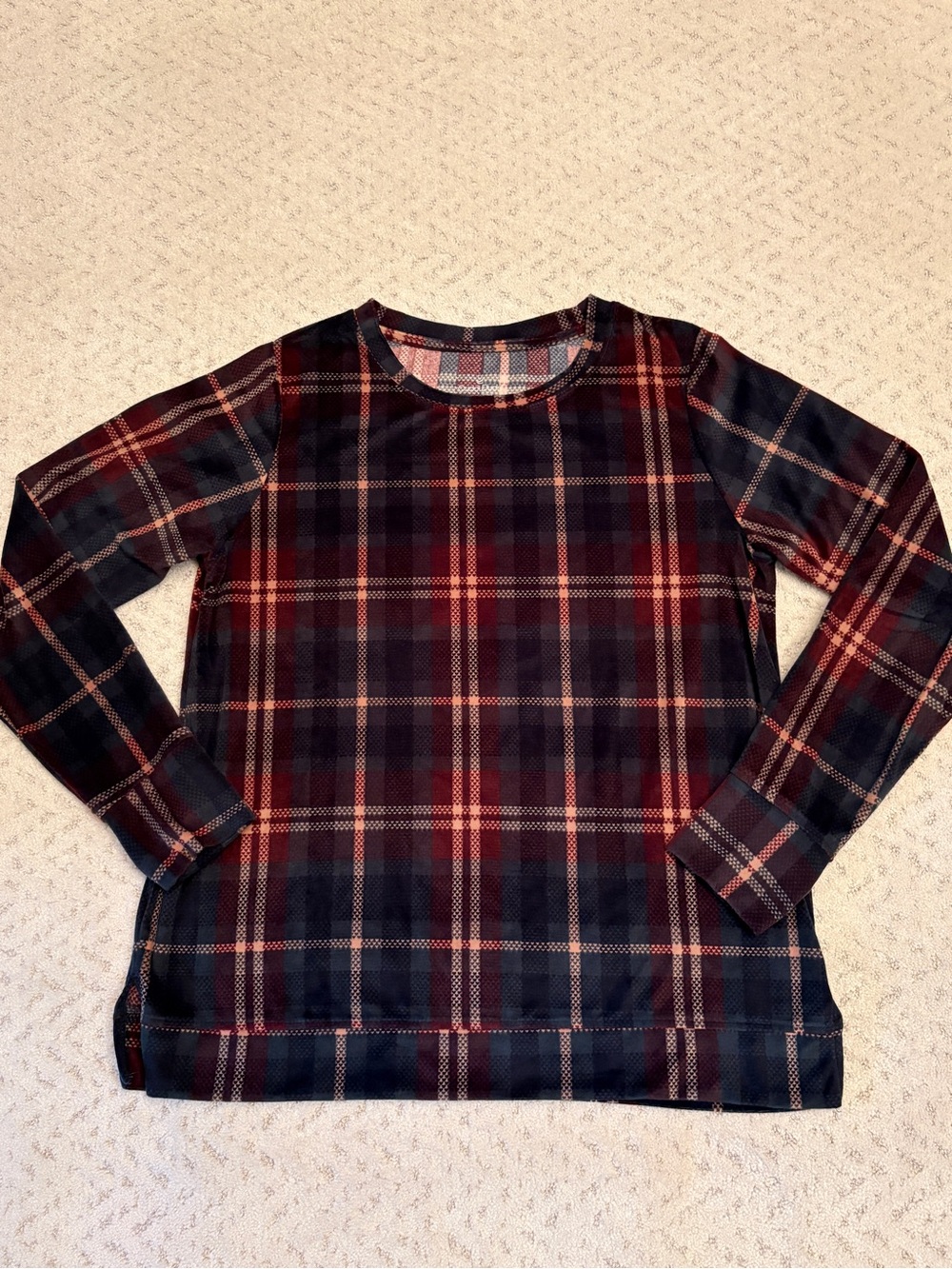 Cuddl Duds Soft Velour Lounge Top Size M TALL Tartan Plaid Green Burgundy Blue